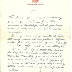 Letter from George V to John Powers on his return from prisoner of war camp, in Germany, 1918. These letters from the King were reprinted as lithographs. 