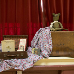 WW1 toys including a hand-knitted teddy bear.